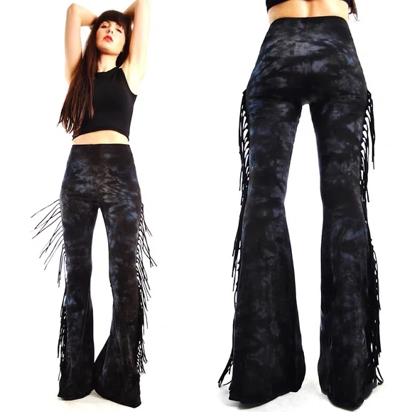 REGULAR LENGTH High Waisted Fringe Bell Bottoms in BLACK & GREY TIE DYE - Rocker - Picture 4 of 7